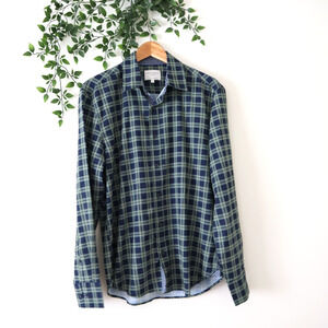 CONSTRUCT Men's Slim Fit 4 Way Stretch Blue Green Plaid Button Down Shirt Sz M